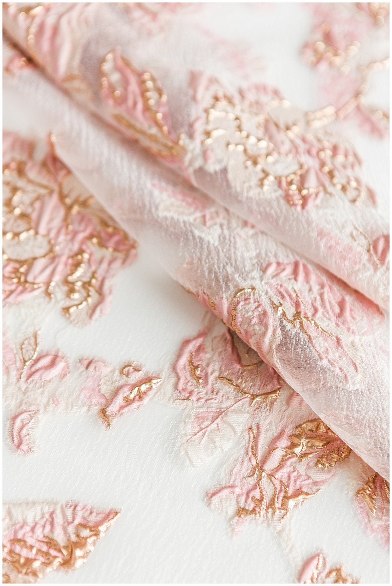 Rosa Gold Jacquard Stoff/ weicher Organza Stoff/ Rosen Jacquard/ Ballkleid Stoff/ R-053