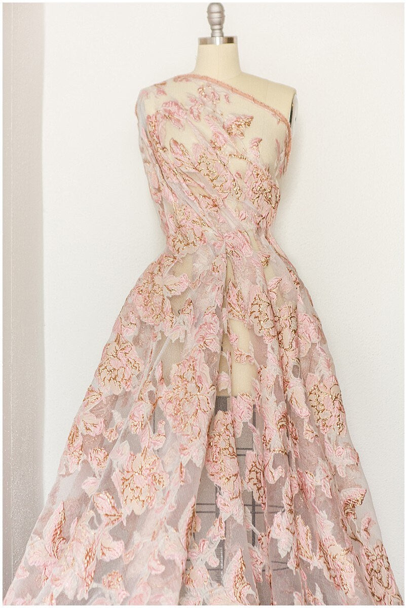 Rosa Gold Jacquard Stoff/ weicher Organza Stoff/ Rosen Jacquard/ Ballkleid Stoff/ R-053