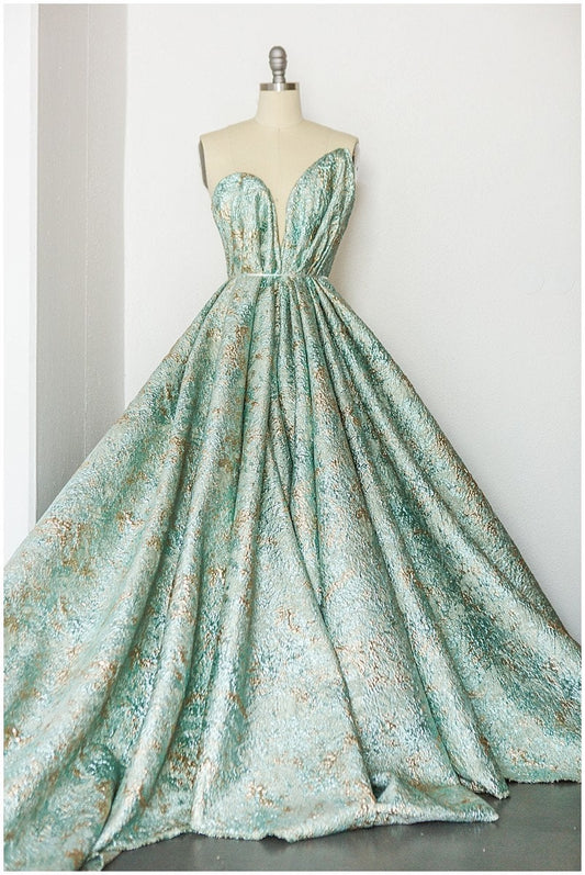 Türkis old Jacquard Stoff/ Abendkleid Mintgrün Gold/ Brautjungfern Jacquard Stoff// R-034GR