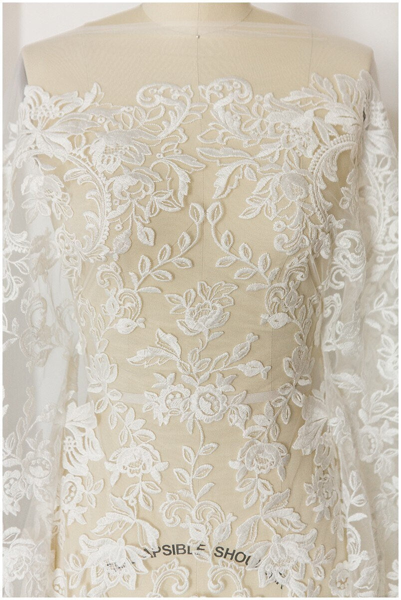 Soft bridal lace fabric off-white/ floral lace fabric/ wedding dress lace/ veil lace/ cotton lace// L17-172C