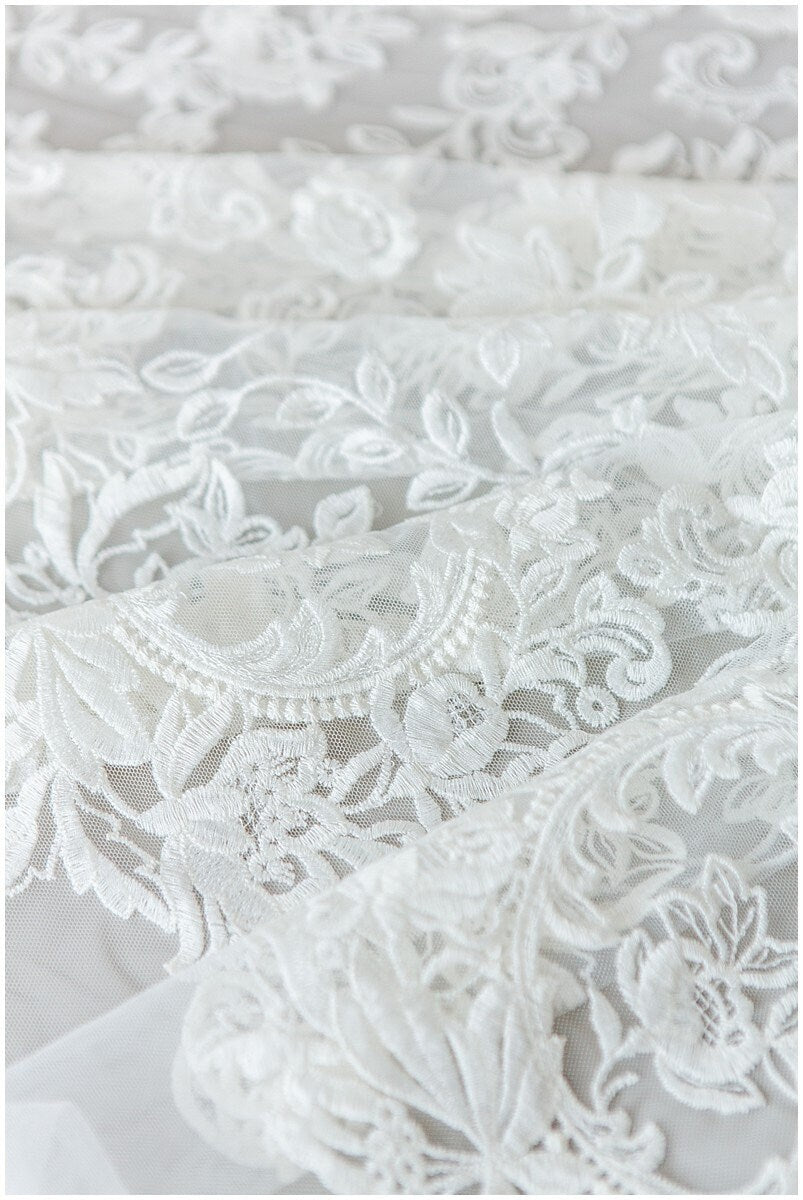 Soft bridal lace fabric off-white/ floral lace fabric/ wedding dress lace/ veil lace/ cotton lace// L17-172C