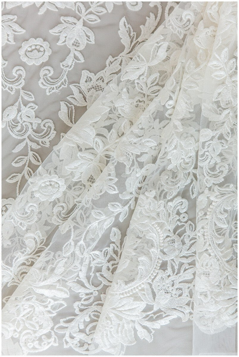 Soft bridal lace fabric off-white/ floral lace fabric/ wedding dress lace/ veil lace/ cotton lace// L17-172C
