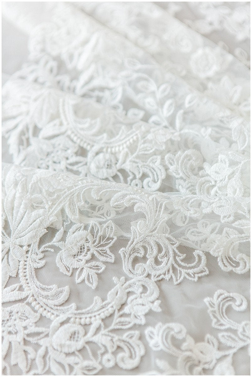 Soft bridal lace fabric off-white/ floral lace fabric/ wedding dress lace/ veil lace/ cotton lace// L17-172C