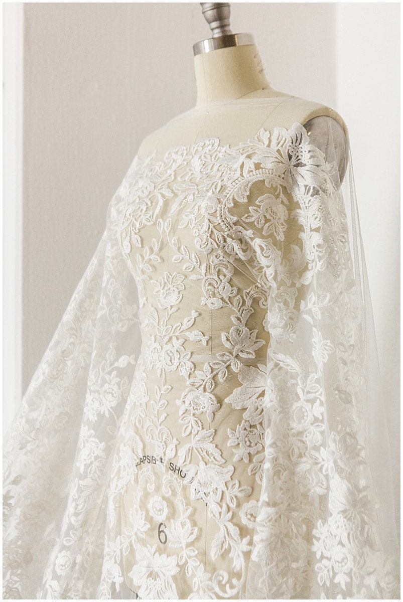 Soft bridal lace fabric off-white/ floral lace fabric/ wedding dress lace/ veil lace/ cotton lace// L17-172C