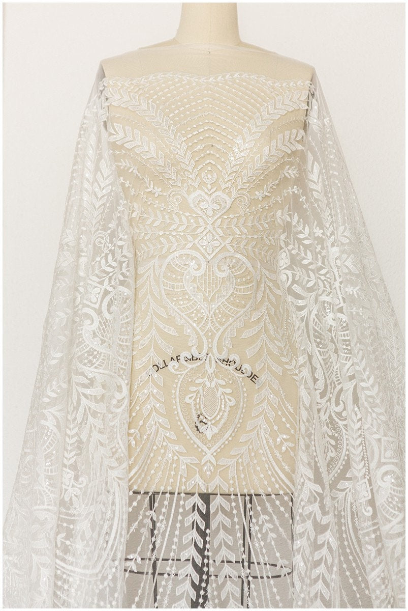 Soft embroidered boho lace fabric/ wedding lace fabric off-white/ boho wedding dress/ bridal lace fabric/ vintage lace// L17-173