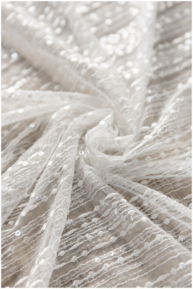 50% Sale - 2. Qualität - Moderner Spitzenstoff mit glänzenden Pailletten/ Braut Spitzenstoff Off-White/ moderner Spitzenstoff/ Streifenspitze// L17-174DEF