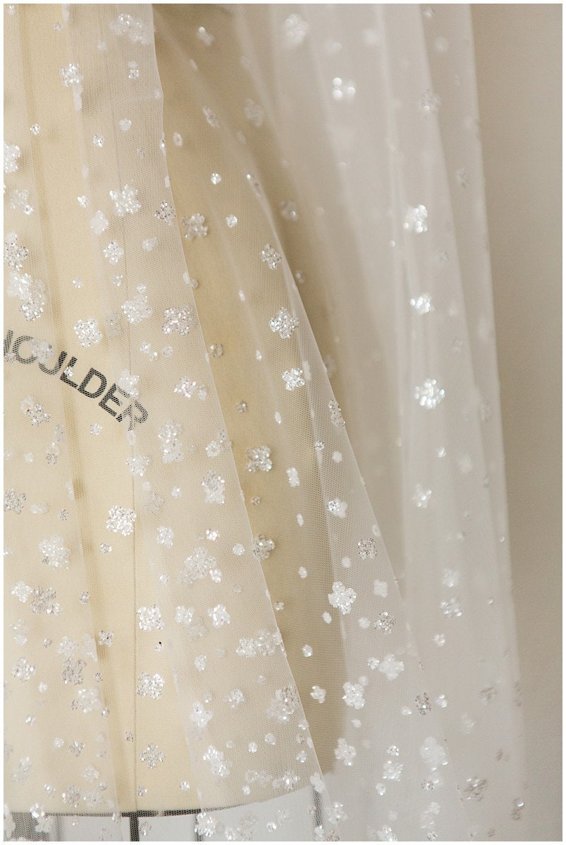 Gradient glitter mesh fabric/ Off-white silver glitter tulle/ Wedding dress tulle fabric/ Bridal glitter fabric// R-009