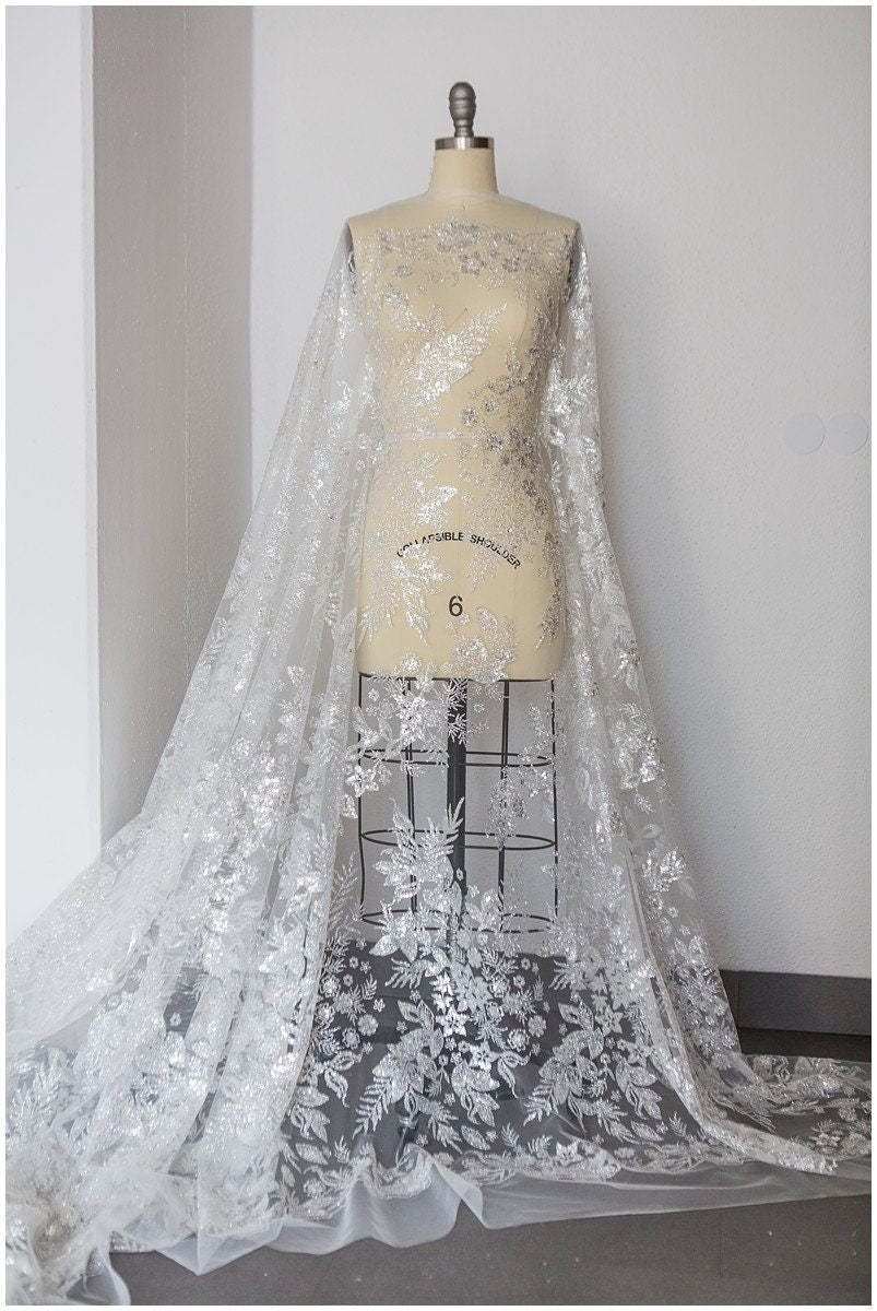 Shiny floral glitter fabric/ Off-White Diamond glitter tulle fabric/ shiny bridal tulle fabric// R-011