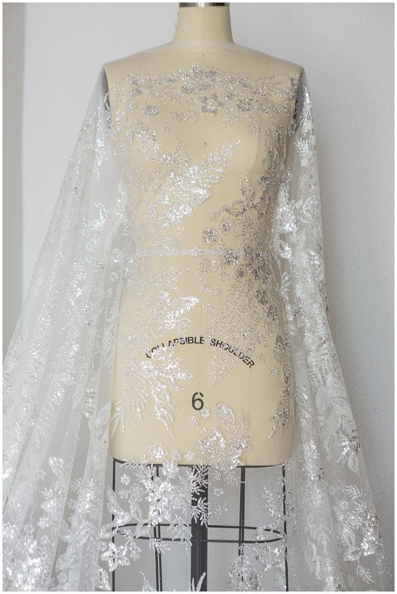 Shiny floral glitter fabric/ Off-White Diamond glitter tulle fabric/ shiny bridal tulle fabric// R-011
