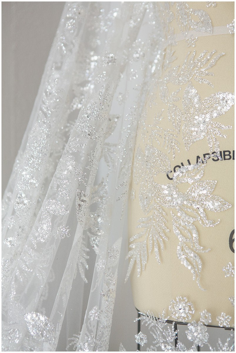 Shiny floral glitter fabric/ Off-White Diamond glitter tulle fabric/ shiny bridal tulle fabric// R-011