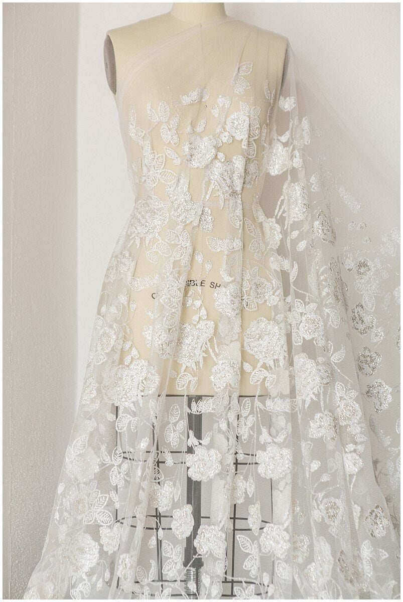 Floral Glitter Mesh Fabric/ Off-White Silver Glitter Tulle/ Wedding Dress Tulle Fabric/ Bridal Glitter Fabric// R-001