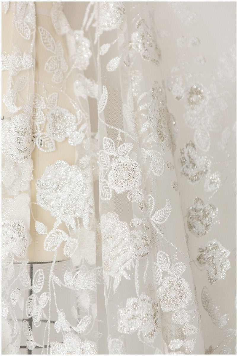 Floral Glitter Mesh Fabric/ Off-White Silver Glitter Tulle/ Wedding Dress Tulle Fabric/ Bridal Glitter Fabric// R-001