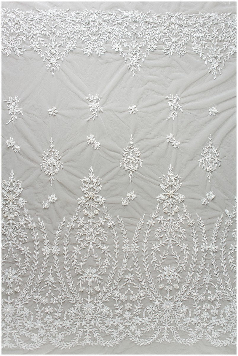Handperlen Spitzenstoff, Brautkleid Stoff, Hochzeitskleid Tüll, Pallas Couture, Perlen Spitzenstoff, BlattSpitze Design// L17-181