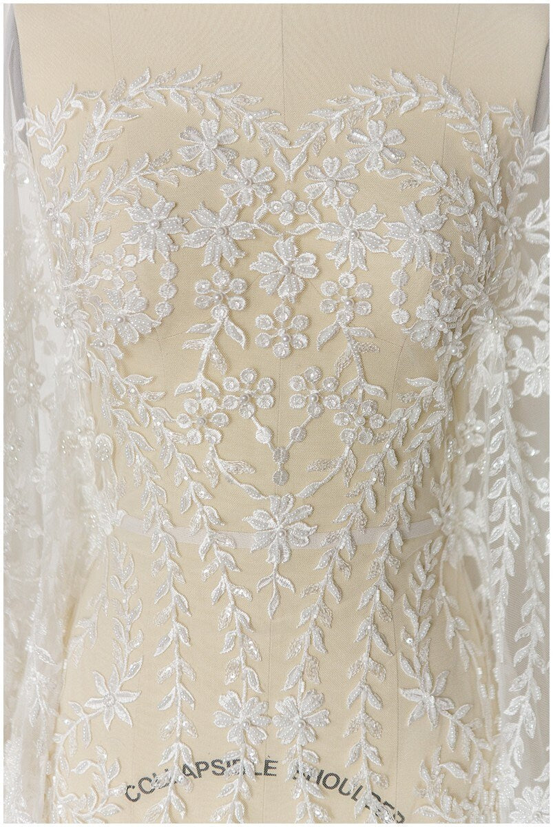 Handperlen Spitzenstoff, Brautkleid Stoff, Hochzeitskleid Tüll, Pallas Couture, Perlen Spitzenstoff, BlattSpitze Design// L17-181