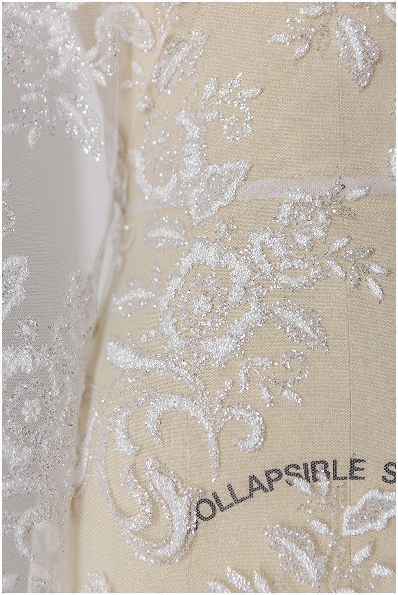 Shinebeads glitter fabric/ off-white silver glitter tulle/ flower pearl glitter tulle/ wedding dress tulle/ bridal glitter fabric// R-003