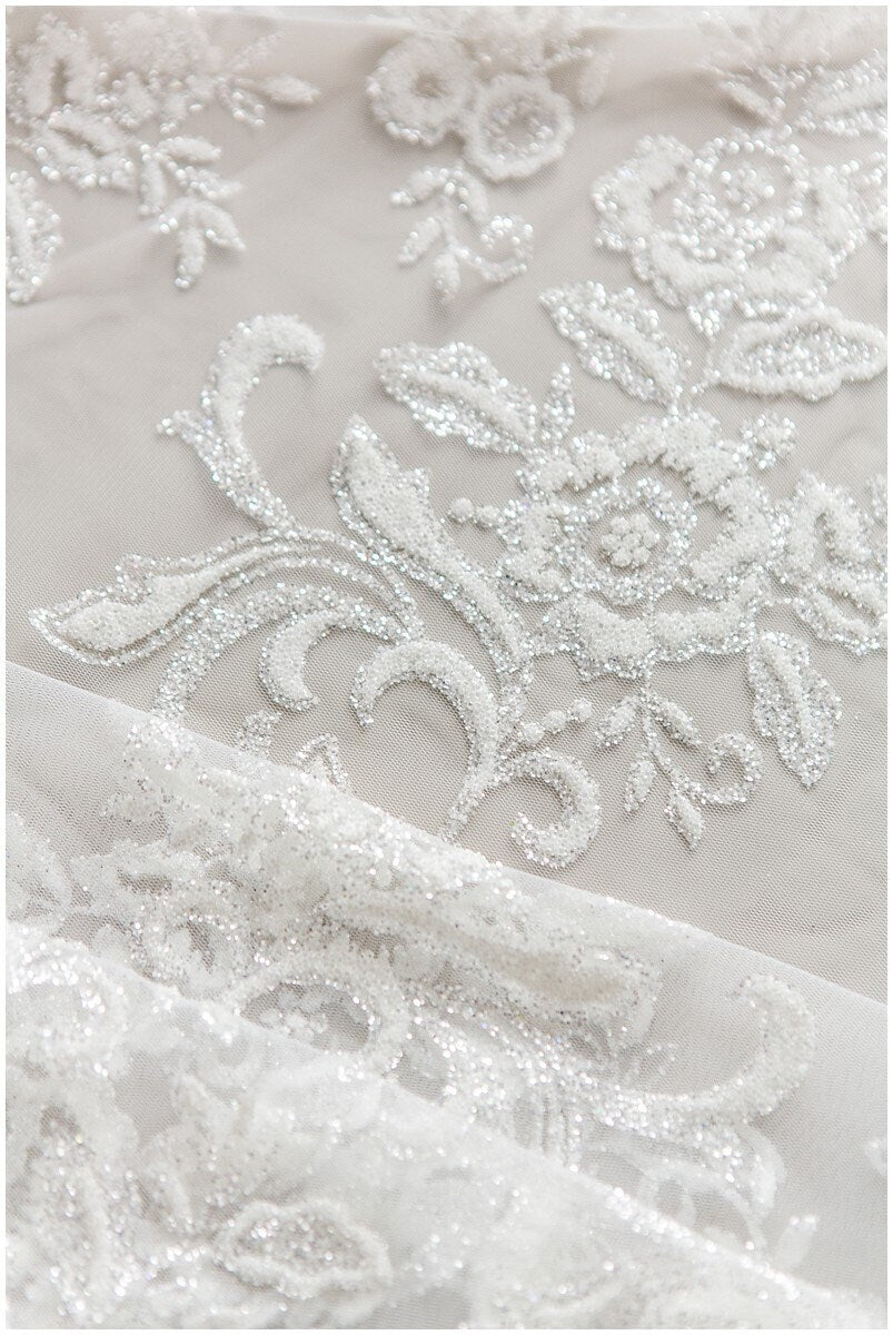 Shinebeads glitter fabric/ off-white silver glitter tulle/ flower pearl glitter tulle/ wedding dress tulle/ bridal glitter fabric// R-003