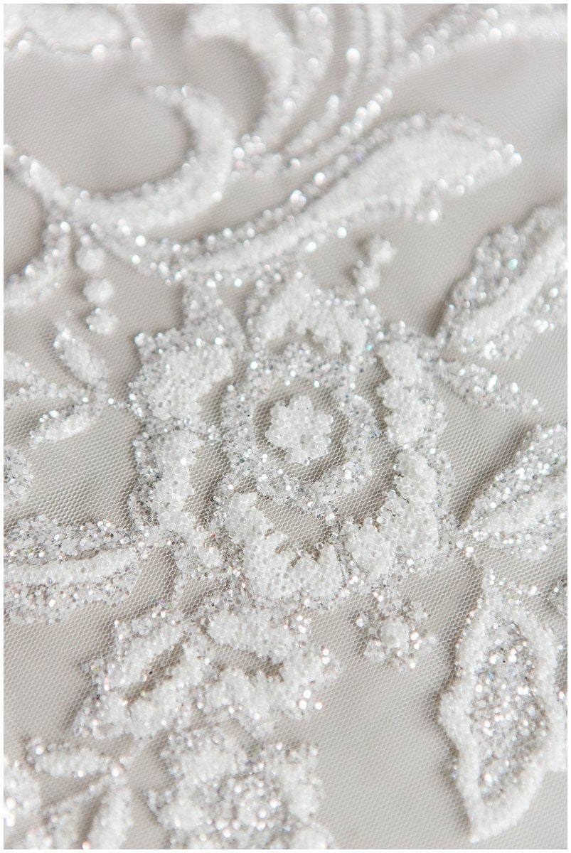 Shinebeads glitter fabric/ off-white silver glitter tulle/ flower pearl glitter tulle/ wedding dress tulle/ bridal glitter fabric// R-003