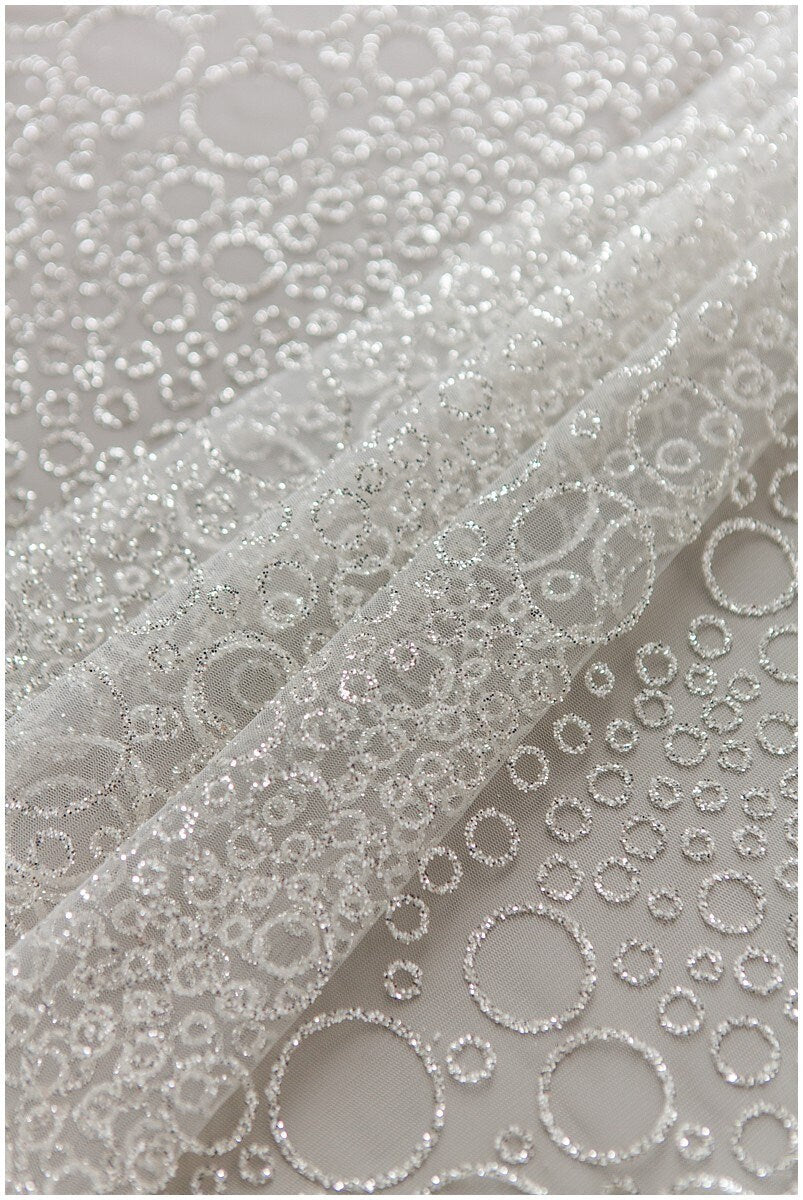 Bubble bubble pattern glitter fabric/ off-white silver glitter tulle/ wedding dress tulle/ bridal glitter fabric// R21-005