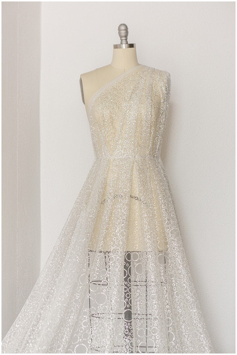 Bubble bubble pattern glitter fabric/ off-white silver glitter tulle/ wedding dress tulle/ bridal glitter fabric// R21-005