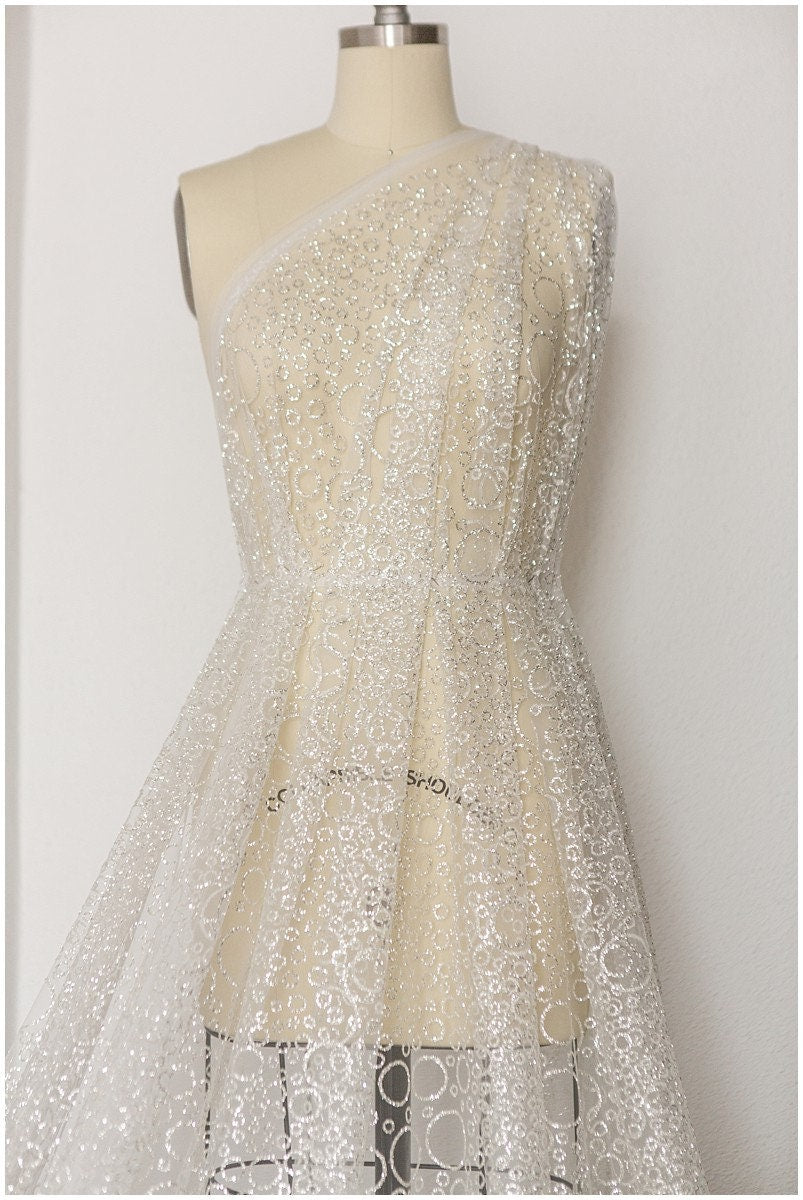 Bubble bubble pattern glitter fabric/ off-white silver glitter tulle/ wedding dress tulle/ bridal glitter fabric// R21-005