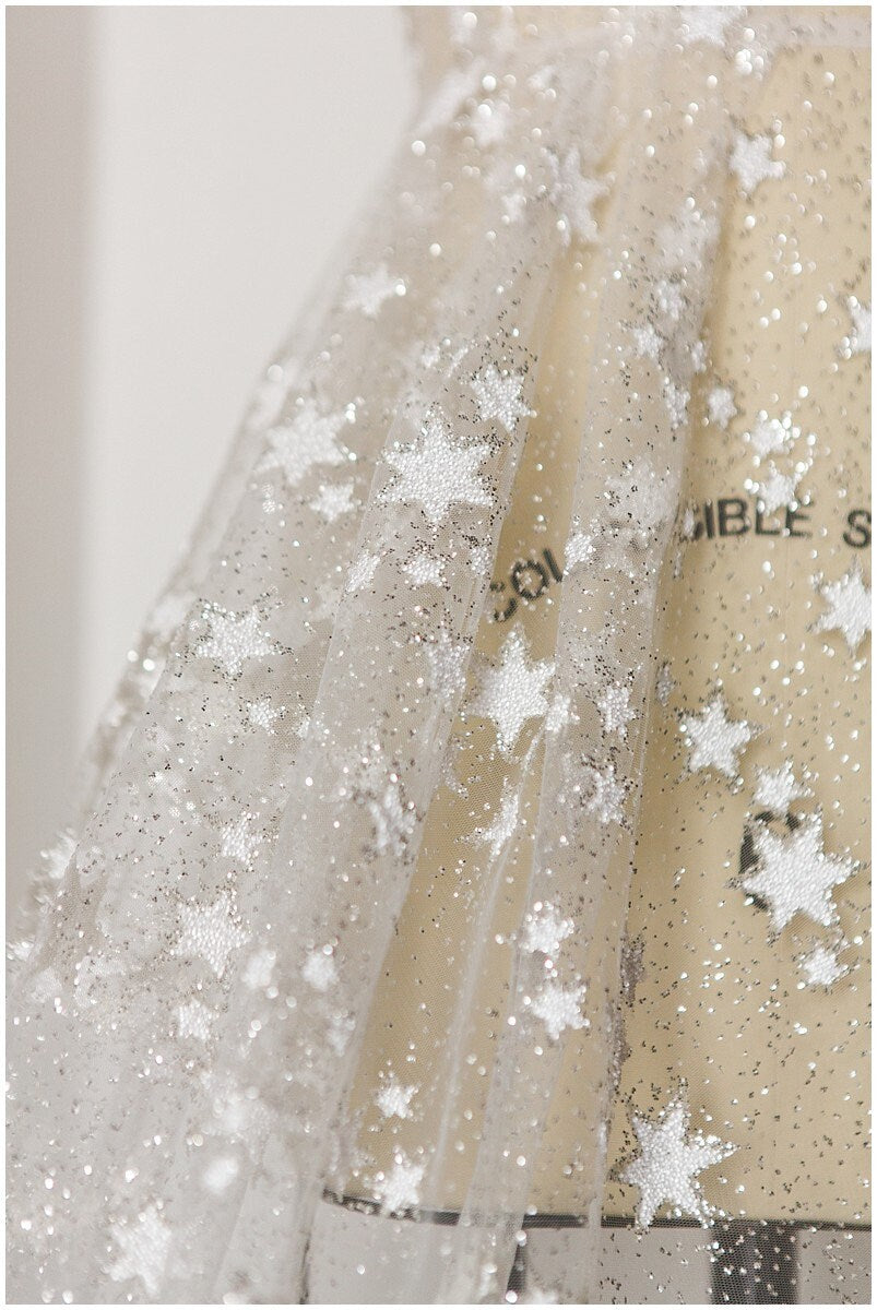 Stars glitter tulle/ off-white glitter tulle/ wedding dress tulle/ printed pearl tulle/ bridal glitter fabric// R-006