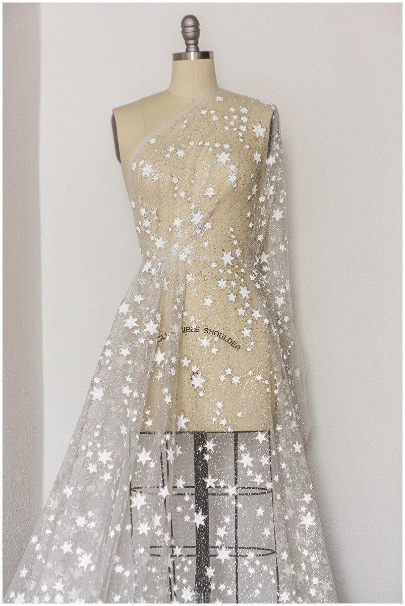 Stars glitter tulle/ off-white glitter tulle/ wedding dress tulle/ printed pearl tulle/ bridal glitter fabric// R-006