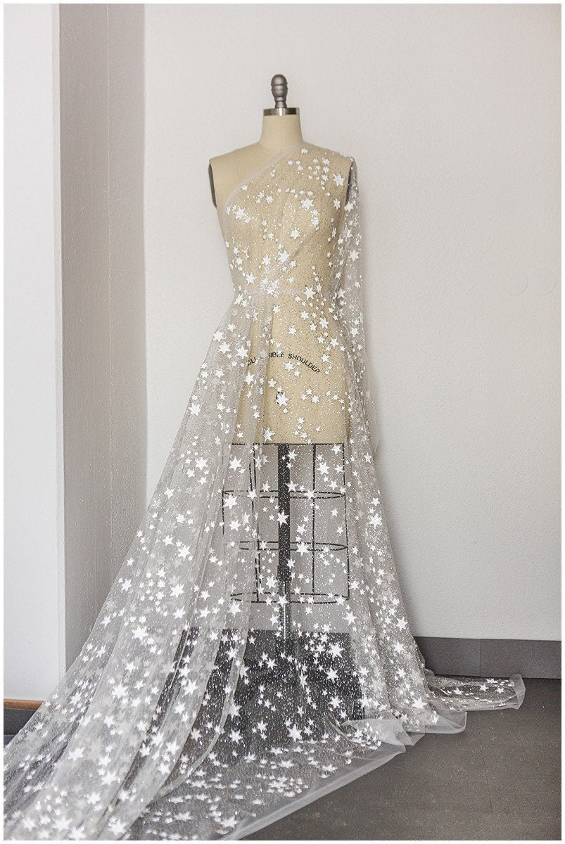 Stars glitter tulle/ off-white glitter tulle/ wedding dress tulle/ printed pearl tulle/ bridal glitter fabric// R-006
