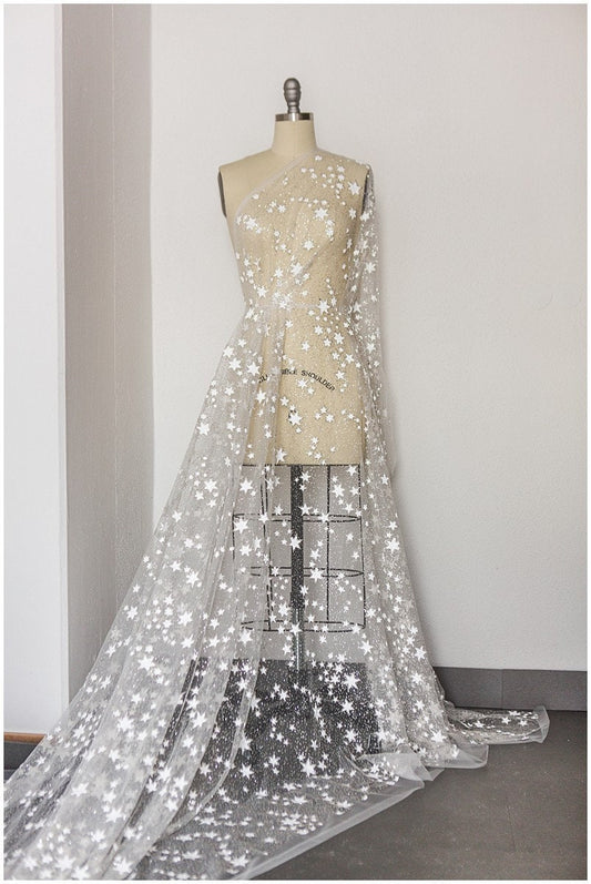Sterne Glitzer Tüll/ Off-White Glitzer Tüll/ Hochzeitskleid Tüll/ bedruckter Perlentüll/ Braut Glitzer Stoff// R-006
