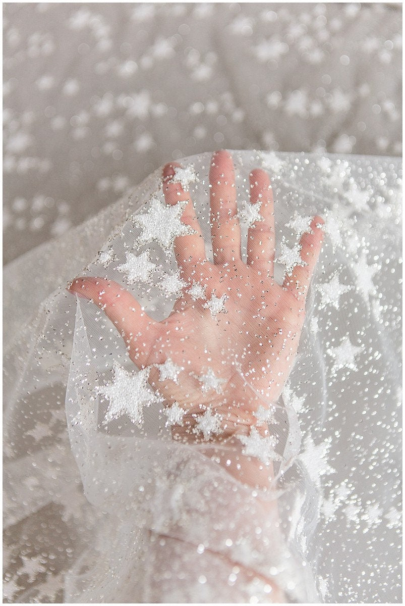 Stars glitter tulle/ off-white glitter tulle/ wedding dress tulle/ printed pearl tulle/ bridal glitter fabric// R-006