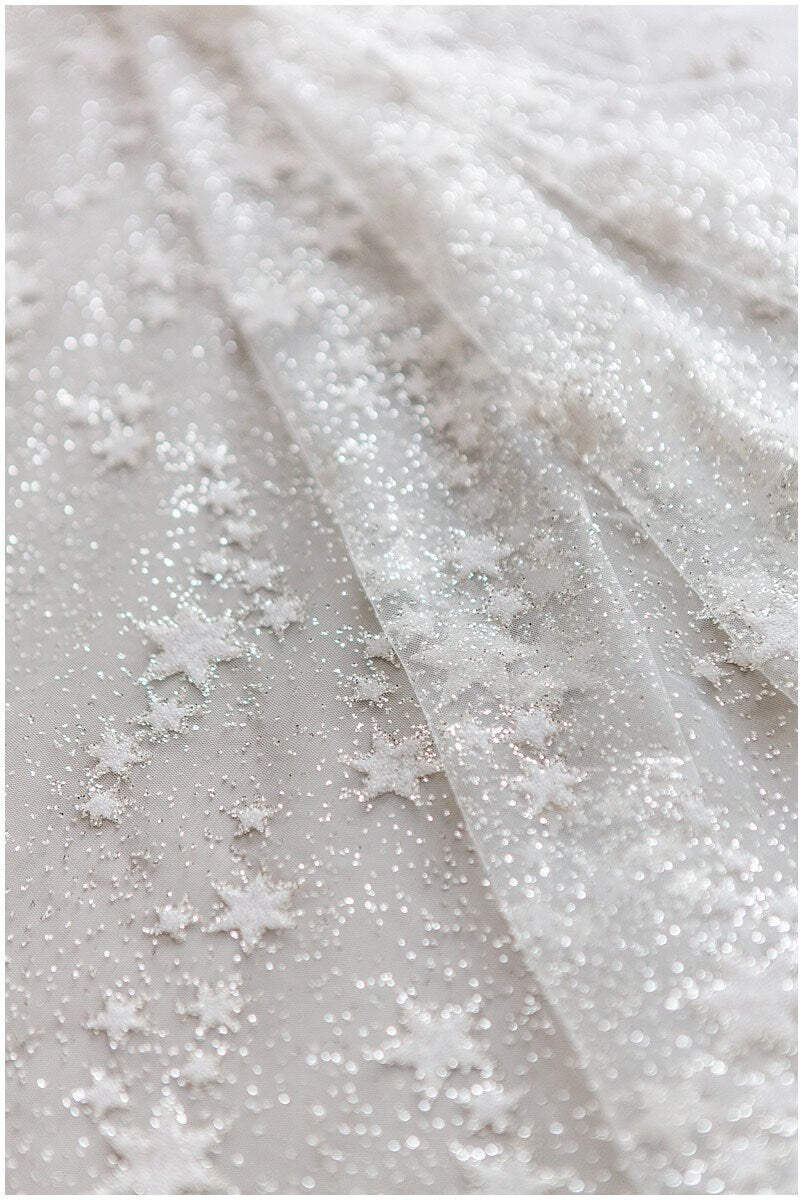 Stars glitter tulle/ off-white glitter tulle/ wedding dress tulle/ printed pearl tulle/ bridal glitter fabric// R-006