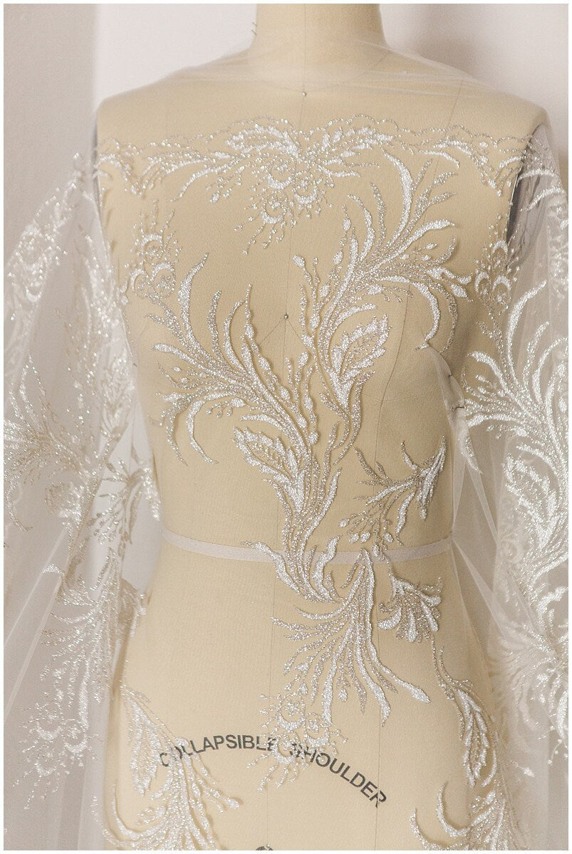 Romantic off-white silver glitter fabric/ floral glitter tulle/ wedding dress tulle/ glitter lace fabric// R-007
