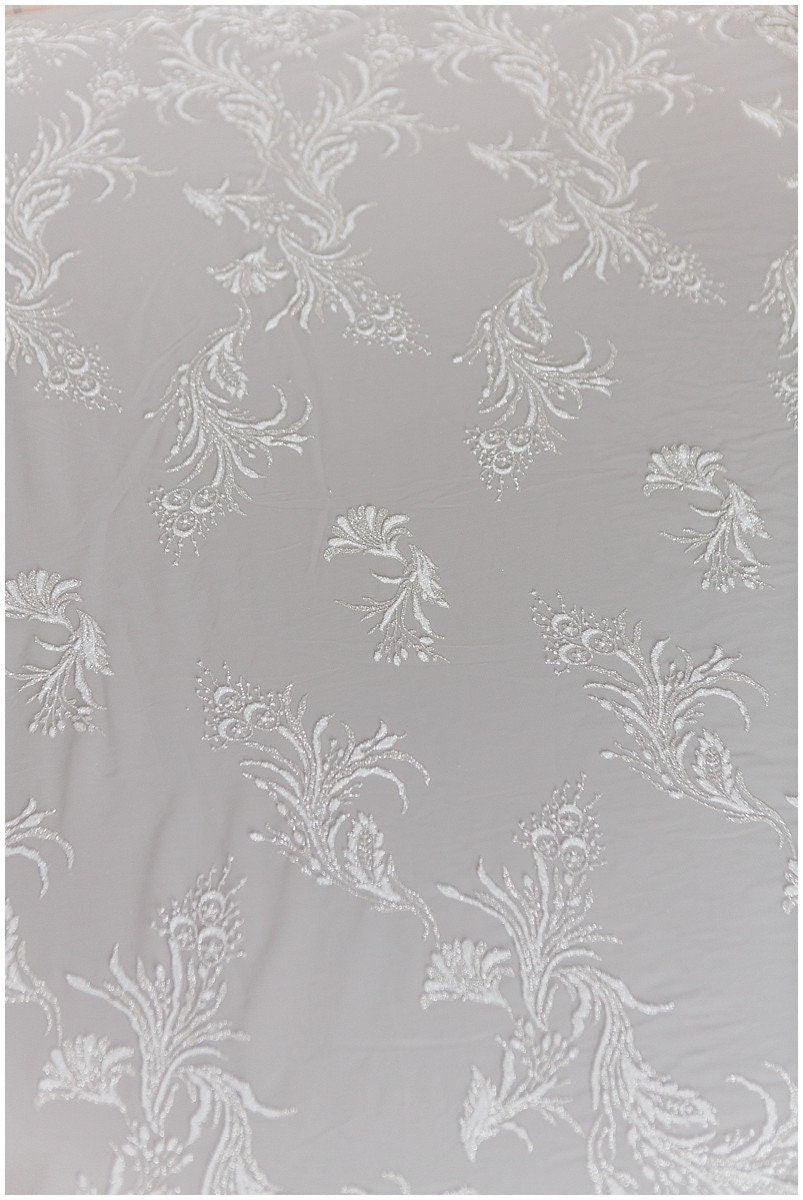 Romantic off-white silver glitter fabric/ floral glitter tulle/ wedding dress tulle/ glitter lace fabric// R-007