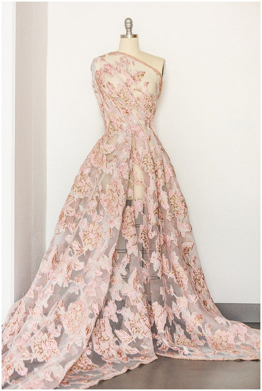 Rosa Gold Jacquard Stoff/ weicher Organza Stoff/ Rosen Jacquard/ Ballkleid Stoff/ R-053