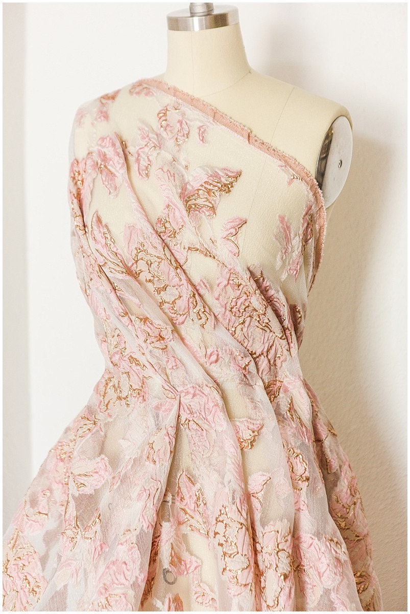 Rosa Gold Jacquard Stoff/ weicher Organza Stoff/ Rosen Jacquard/ Ballkleid Stoff/ R-053