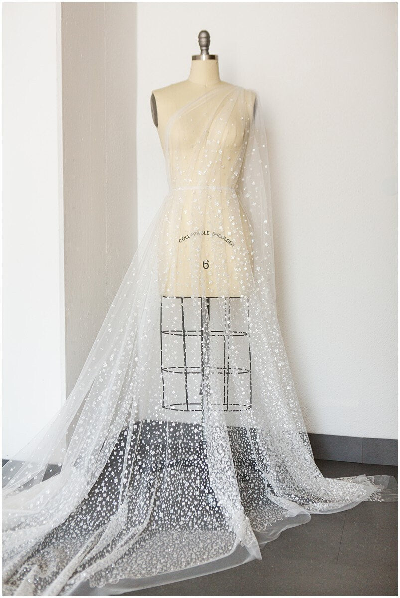Gradient glitter mesh fabric/ Off-white silver glitter tulle/ Wedding dress tulle fabric/ Bridal glitter fabric// R-009