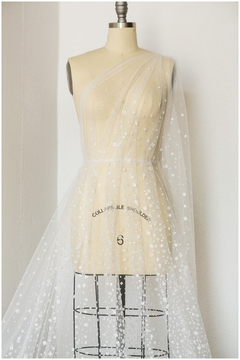 Gradient glitter mesh fabric/ Off-white silver glitter tulle/ Wedding dress tulle fabric/ Bridal glitter fabric// R-009