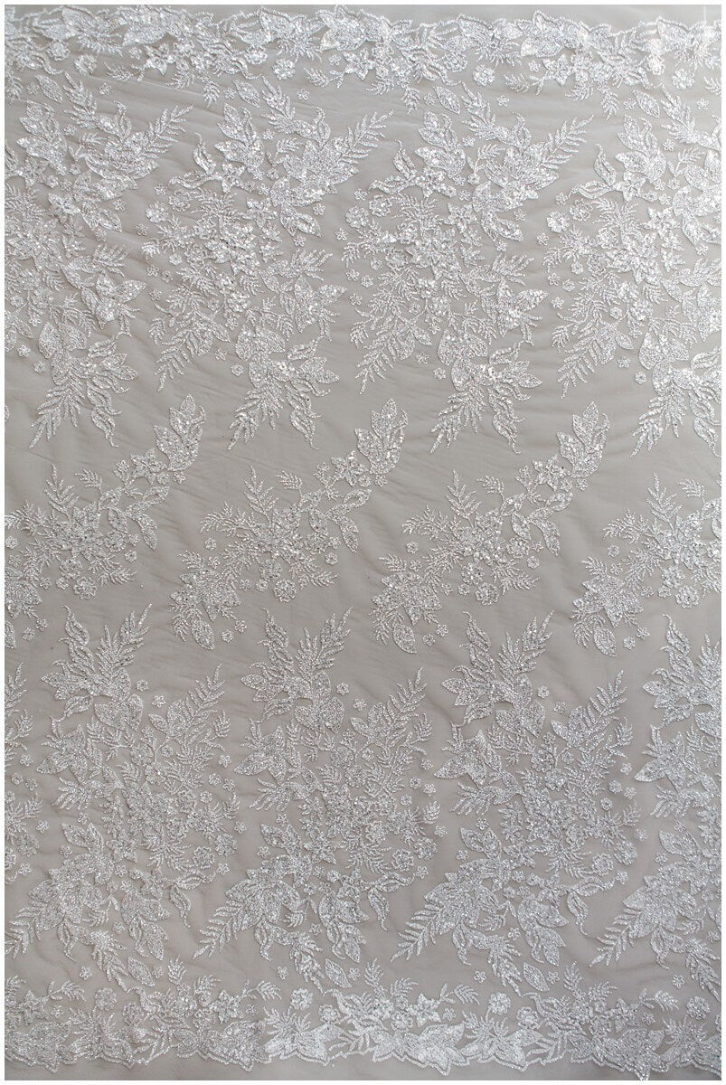 Shiny floral glitter fabric/ Off-White Diamond glitter tulle fabric/ shiny bridal tulle fabric// R-011
