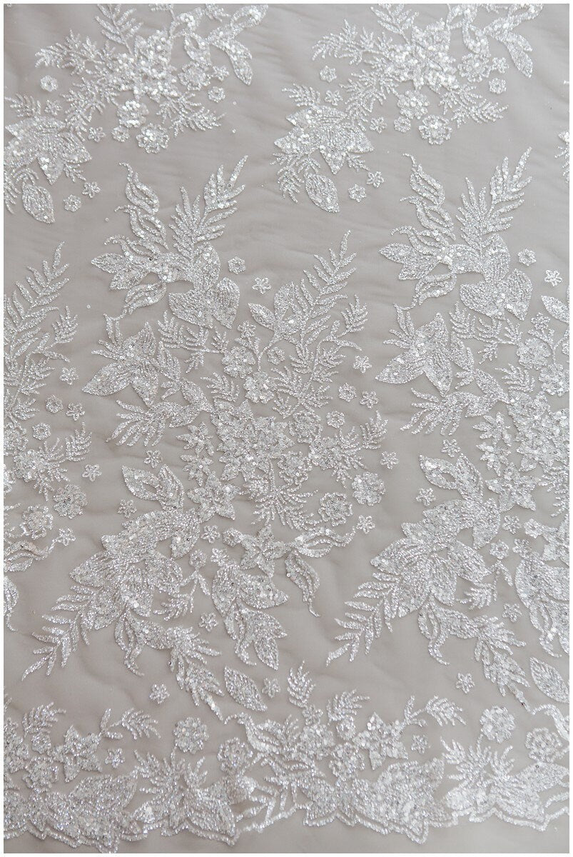 Shiny floral glitter fabric/ Off-White Diamond glitter tulle fabric/ shiny bridal tulle fabric// R-011