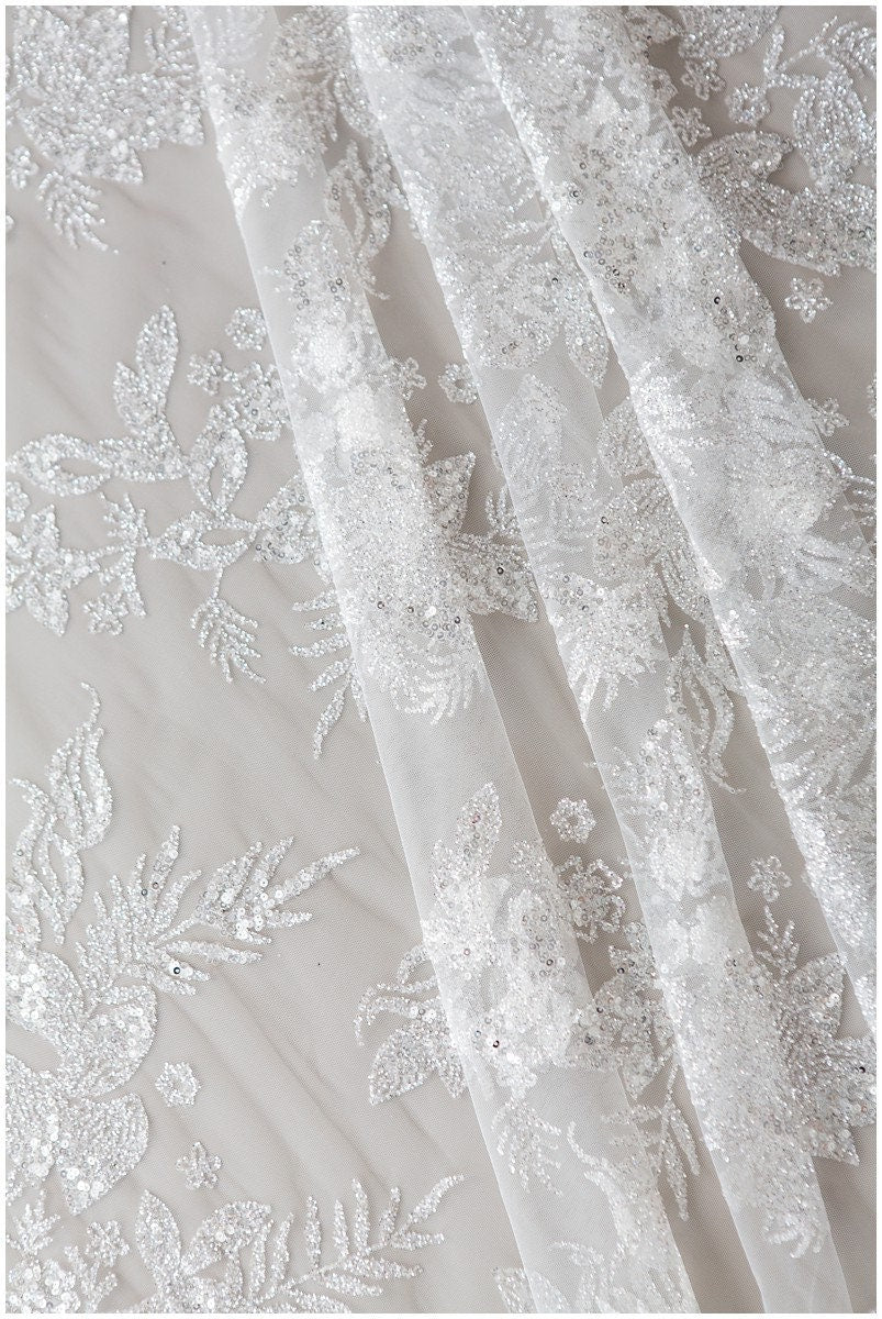Shiny floral glitter fabric/ Off-White Diamond glitter tulle fabric/ shiny bridal tulle fabric// R-011