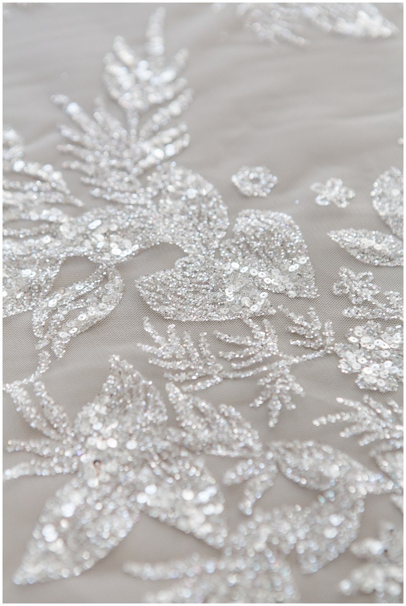 Shiny floral glitter fabric/ Off-White Diamond glitter tulle fabric/ shiny bridal tulle fabric// R-011