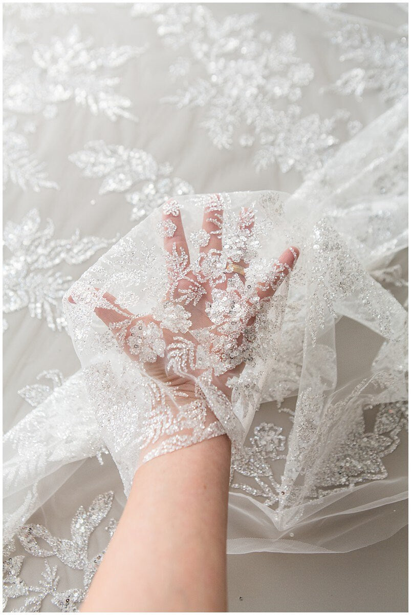 Shiny floral glitter fabric/ Off-White Diamond glitter tulle fabric/ shiny bridal tulle fabric// R-011