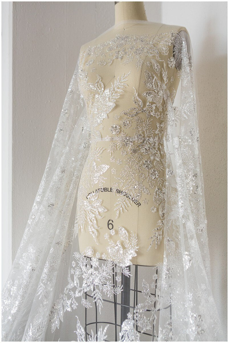 Shiny floral glitter fabric/ Off-White Diamond glitter tulle fabric/ shiny bridal tulle fabric// R-011