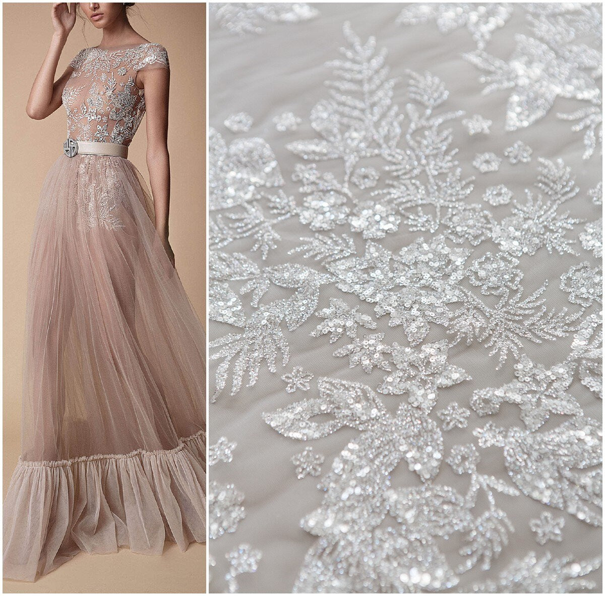 Shiny floral glitter fabric/ Off-White Diamond glitter tulle fabric/ shiny bridal tulle fabric// R-011