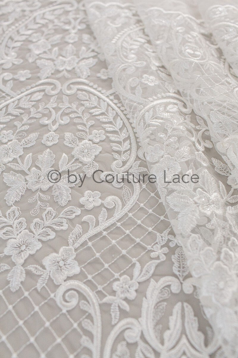 French Floral Lace/ Bridal Raschel Lace Off-White/ French Veil Lace/ Bridal Chanitilly Lace/ Boho Bridal Lace// L18-198