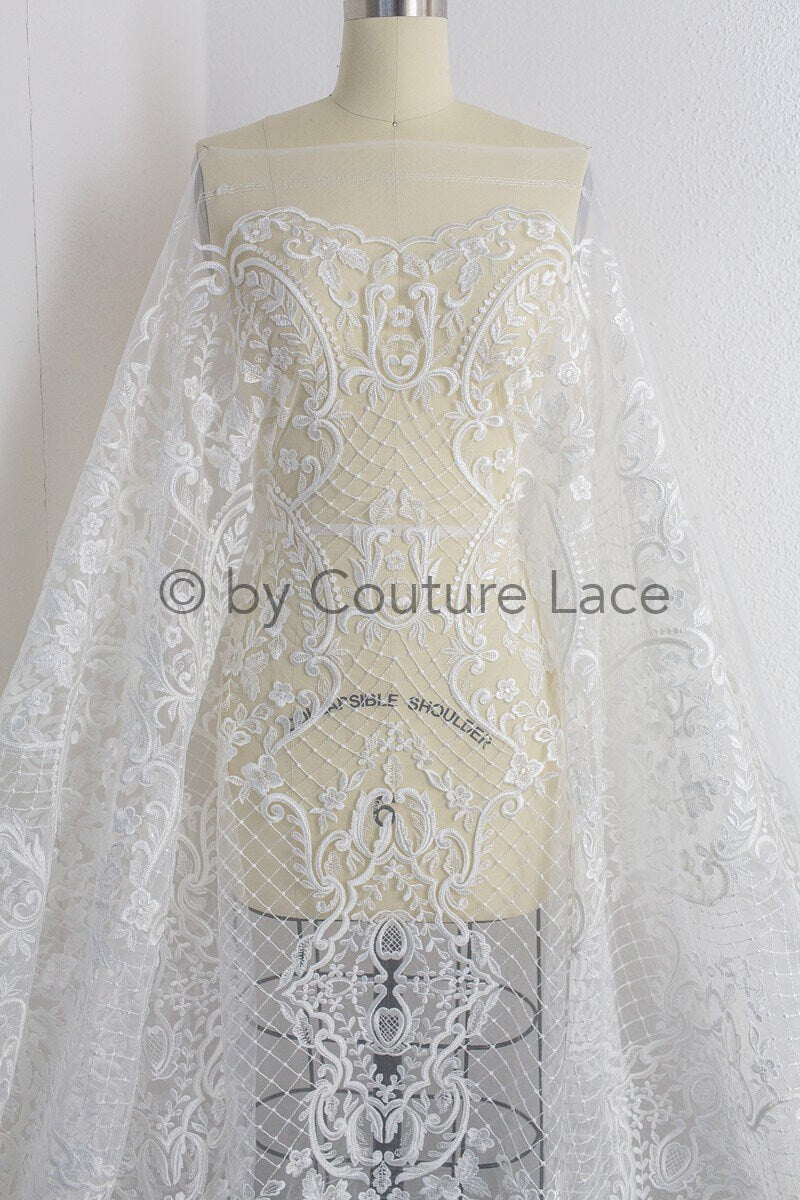 French Floral Lace/ Bridal Raschel Lace Off-White/ French Veil Lace/ Bridal Chanitilly Lace/ Boho Bridal Lace// L18-198