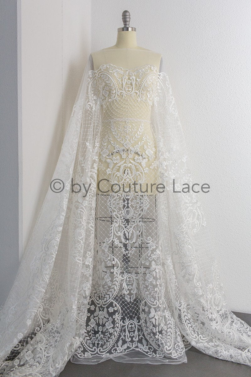 French Floral Lace/ Bridal Raschel Lace Off-White/ French Veil Lace/ Bridal Chanitilly Lace/ Boho Bridal Lace// L18-198