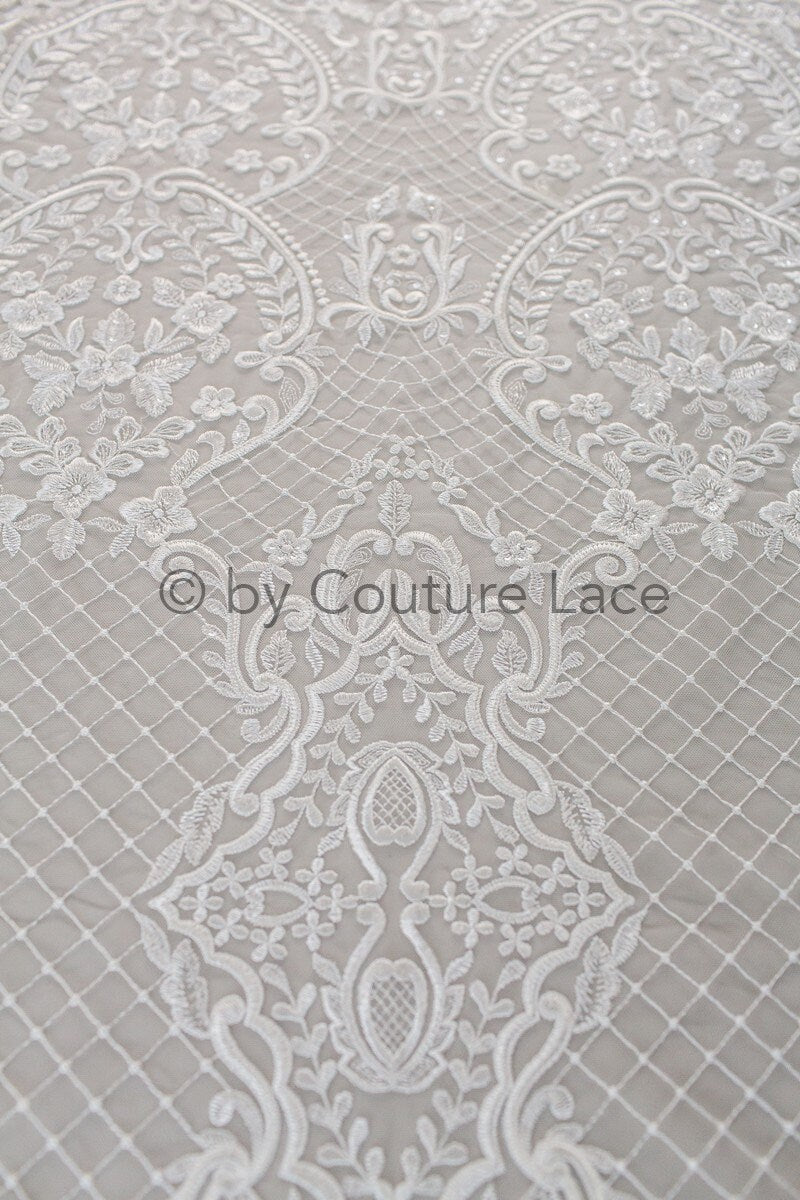 French Floral Lace/ Bridal Raschel Lace Off-White/ French Veil Lace/ Bridal Chanitilly Lace/ Boho Bridal Lace// L18-198