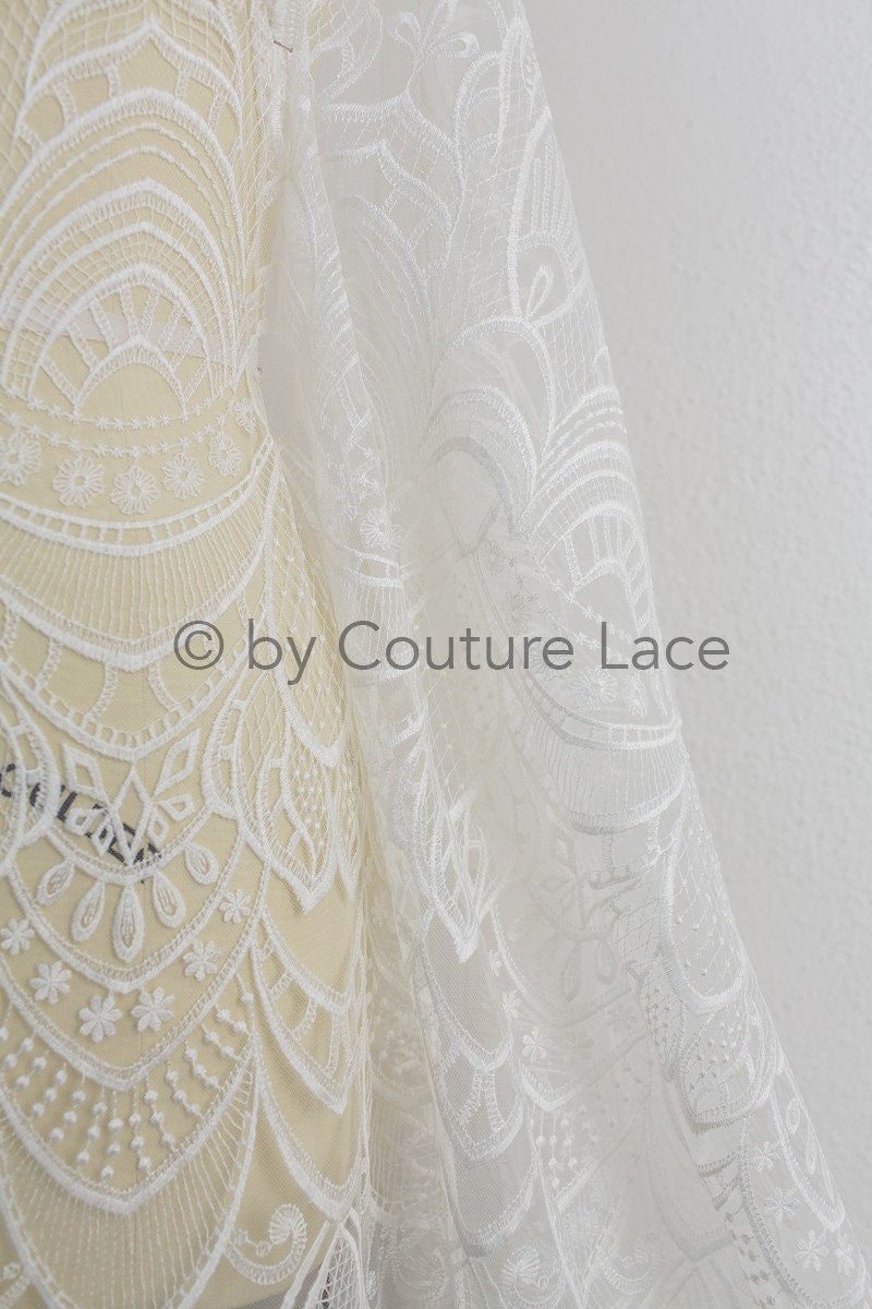 1.1yds piece - Boho lace fabric off-white/ vintage lace fabric/ geometric cotton lace/ wedding dress lace// L18-202