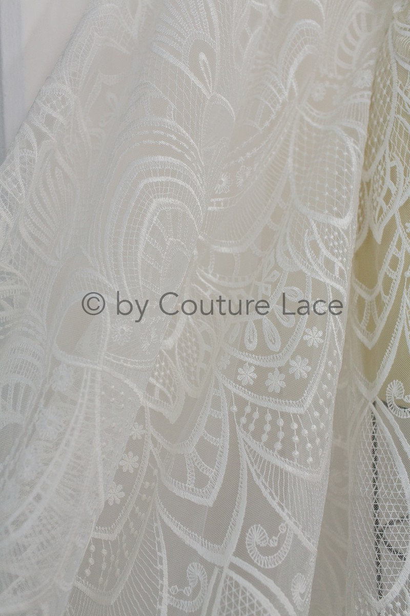 1.1yds piece - Boho lace fabric off-white/ vintage lace fabric/ geometric cotton lace/ wedding dress lace// L18-202