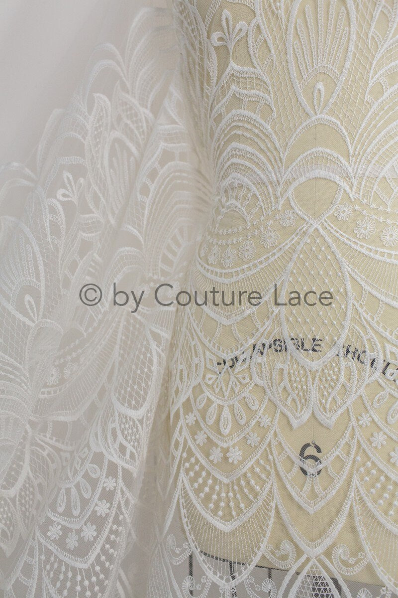 1.1yds piece - Boho lace fabric off-white/ vintage lace fabric/ geometric cotton lace/ wedding dress lace// L18-202